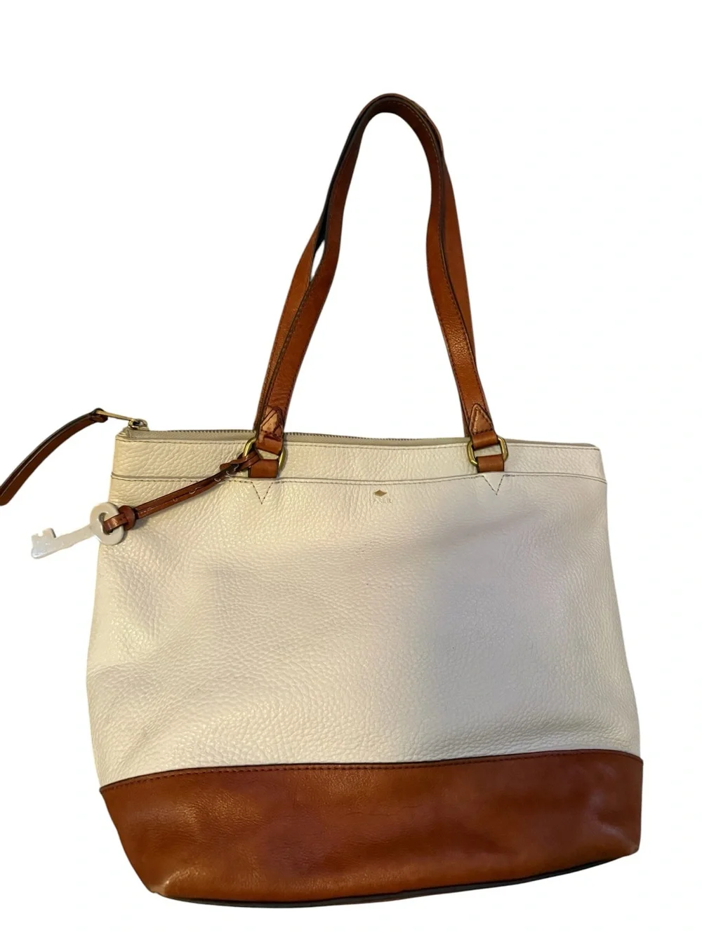 Fossil Cream and Brown Leather Tote Bag with Contrast Base